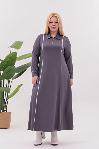 Siyezen Plus Size Striped Detail Polo Neck Dress