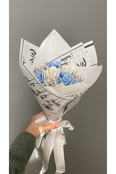 Buketim Seninle 10'lu Açık Mavi, Beyaz ve Gri Solmayan Gül Buketi, Kurdele Çi...