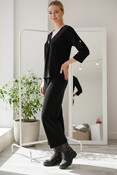 Chiccy Italian Black Long Sleeve Elastic Waist Slim Fi Corded Fabric Adife Woven Bottom Top Set 67/64 103/58