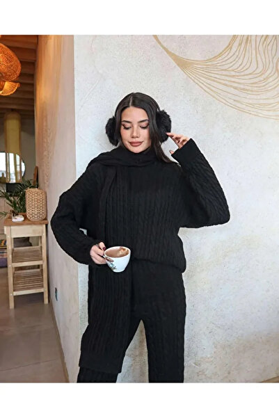 GALAVİP Women's Premium Soft Textured Scarf Hair Braided Knitwear Trouser Set