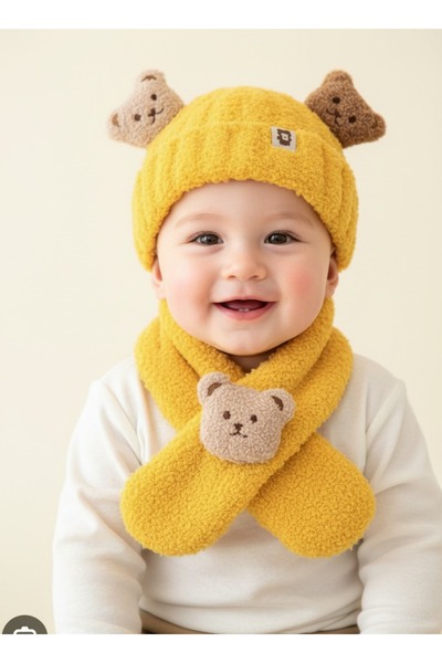 gigigiyim Teddy Bear Patterned Children's Beanie and Scarf Set