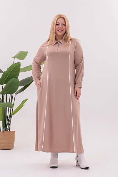 Siyezen Plus Size Striped Detail Polo Neck Dress