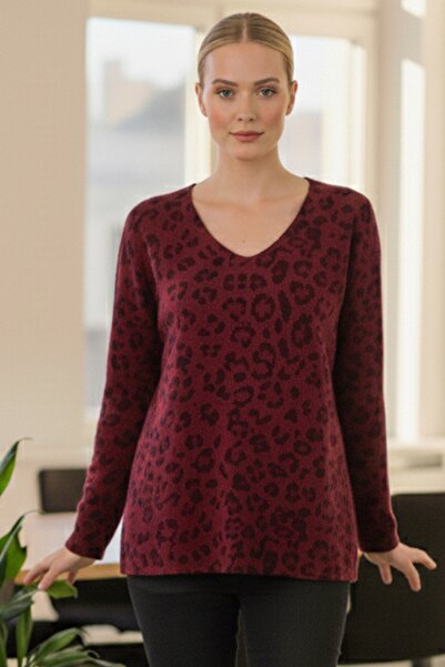 Chiccy Italian Burgundy V-Neck Long Sleeve Leopard Print Slim Casual Ov Oversized Riko Blouse 64 54