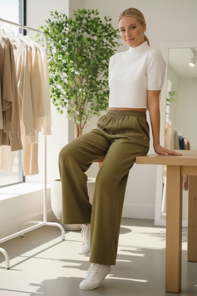 Chiccy Italian Mustard Color Pocketed Elastic Waist Wide Leg Slim Fi Corded Fabric Adife Woven Trousers 100 62