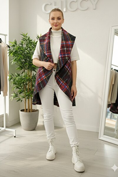 Chiccy Italian Black-Burgundy Shawl Collar Sleeveless Plaid Without Closure Thick Acrylic Long O Oversized Woven Vest 85 68