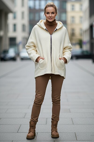 Chiccy Italian Cream Color K Hooded Long Sleeve Zippered Pocket Casual Buklet O Oversized Woven Jacket 75 80