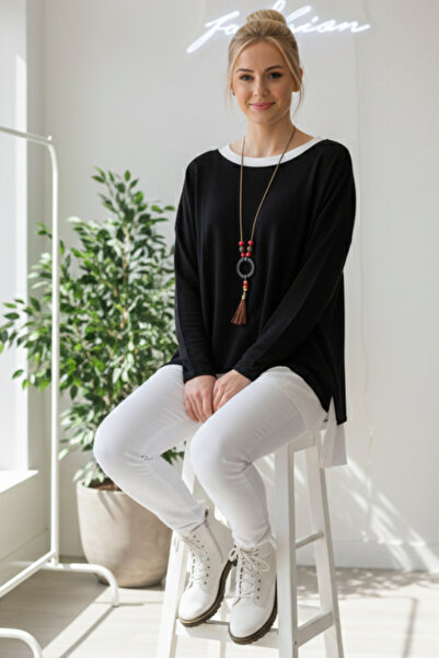 Chiccy Italian Black Boat Neck Long Sleeve Two-Piece Set with Necklace Casual Ov Oversized Riko Blouse 71 71