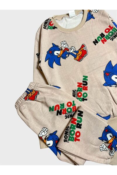 ALİŞ KİDS Boy's Cotton Fleece-Lined Beige Color Sonic Patterned Long Sleeve Winter Pajamas Set