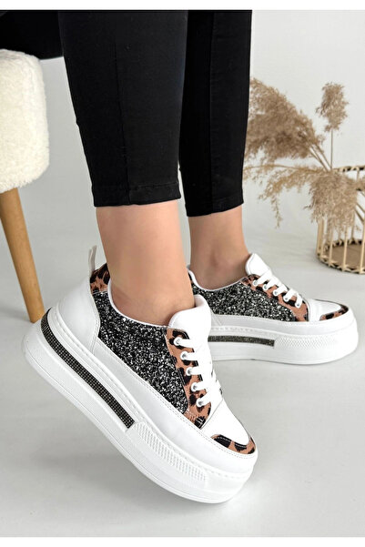ALFA AKSESUAR 03 Lawin White Skin Black Glitter Lace-Up Sneakers