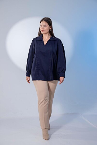 Roxxlen 1212089 Γυναικεία μπλούζα με πιέτες μεγάλου μεγέθους Ναυτικό μπλε