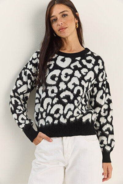 Bianco Lucci Women's Leopard Patterned Crew Neck Fleece-Lined Basic Knitwear Sweater 60285010