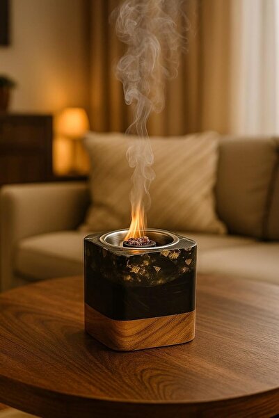 VENDIX Luxury Incense Burner, Black Marble and Wood Design, Traditional Bakhoor and Oud Holder