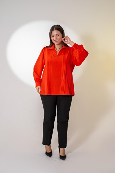 Roxxlen 1212089 Γυναικεία μπλούζα με πιέτες μεγάλου μεγέθους με λεπτομέρεια λουλουδιού ρόδι