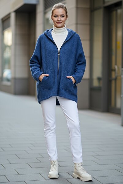 Chiccy Ιταλικό Jean Blue K με κουκούλα μακρυμάνικο με τσέπες με φερμουάρ Casual Buklet O oversized υφαντό μπουφάν 75 80