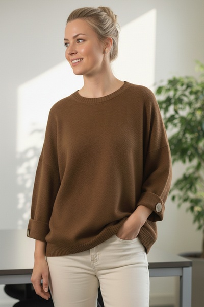 Chiccy Italian Milk Brown Crew Neck Buttoned 3/4 Sleeve Casual Acrylic O Oversized Knitwear Sweater 63 67