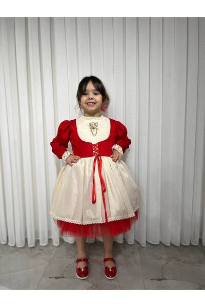 Sare Çocuk Giyim Girl's Premium Deluxe Red Lace-Up Vest Detailed Special Occasion Cosplay Dress + Buckle