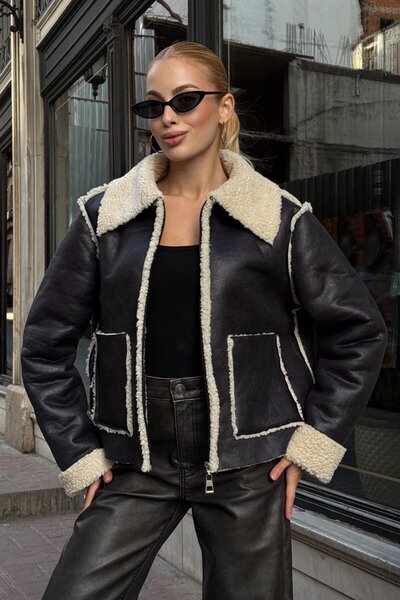 VAGGON Women's Beige Black Double Pocket Faux Fur Inside Faux Leather Biker Jacket Prm0408