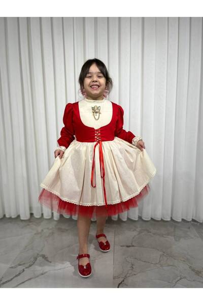 Sare Çocuk Giyim Girl's Premium Deluxe Red Lace-Up Vest Detailed Special Occasion Cosplay Dress + Buckle