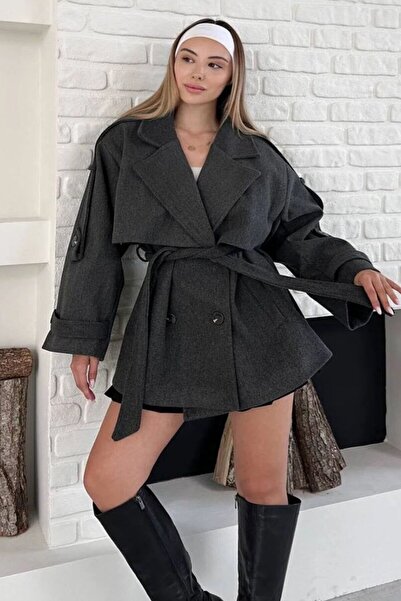 VAGGON Women's Anthracite Double-Breasted Collar Belted Cashmere Coat Vs01647