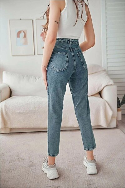 BİENAL BUTİK Dani Blue High Waist Mom Jeans Lycra Flexibil Stone Washed Blue ...