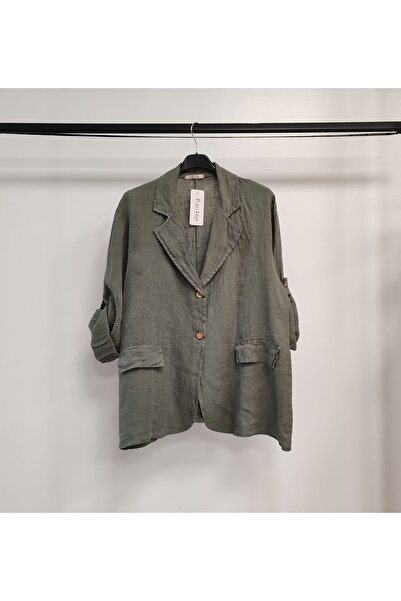 della moor Women's Khaki Italian Sleeve Folded Casual Linen Jacket