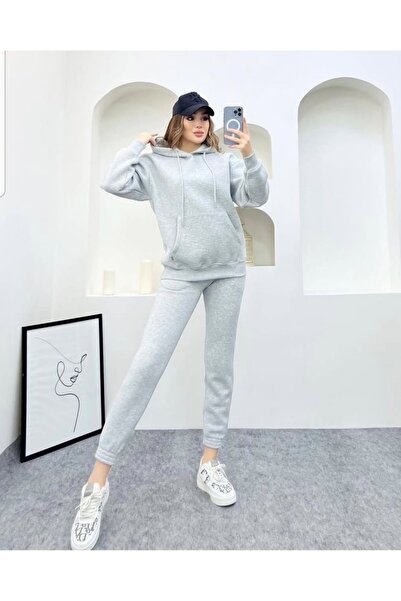 jeneric Γκρι μελανζέ Γυναικείο σετ αθλητικής φόρμας με με κουκούλα τσέπες καγ...