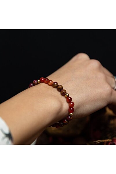 Ezera Annissa women's semi-precious stone bracelet - Red Tiger Eye & Red Cloisonné, 6 & 8 mm, 17-18