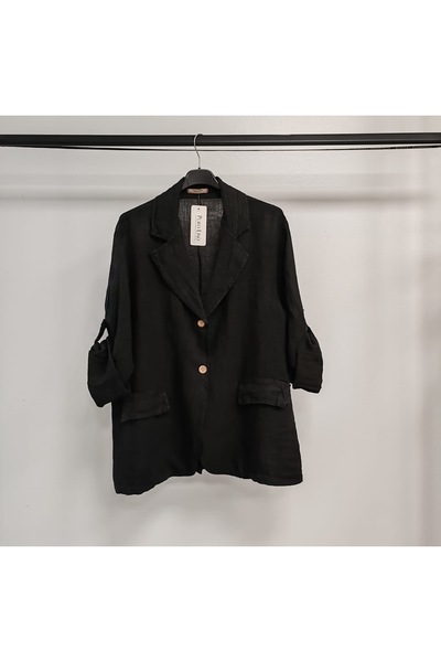 della moor Women's Black Italian Sleeve Folded Casual Linen Jacket