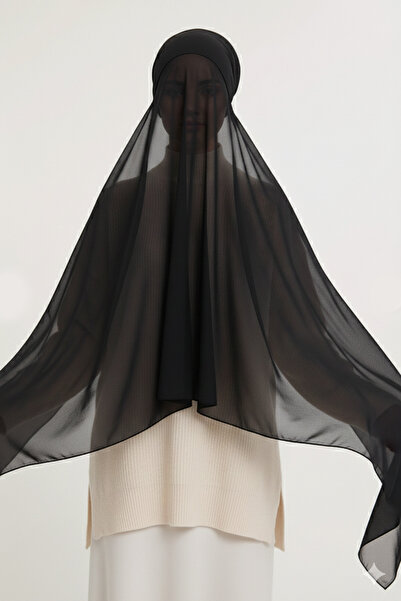 Sonbaharmoda Ready-To-Wear Chiffon Shawl with Tubular Bones Black – Stylish, Comfortable, and Convenient One-Piece Design