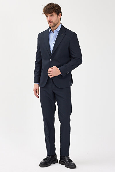 Frappoli Savin Men's Navy Blue Polyviscose Fabric Mono Collar Cover Pocket Half Lining Slim Fit 2-Piece Suit