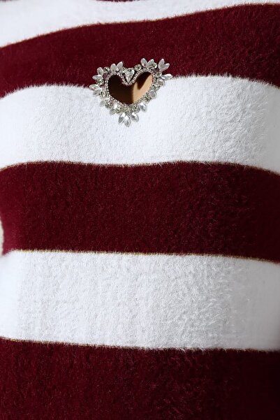 VAGGON Women's Burgundy-White Heart Detailed Stone Embroidered Striped Knitwear Sweater Vs01646