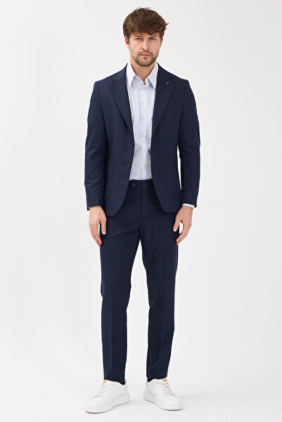 Frappoli Caserta Men's Navy Blue Polyviscose Fabric Monocollar Half-Lined Slimfit Suit with Pocket Pockets 2-Piece Suit