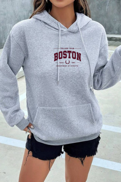 EydaMoon Women's Winter Cotton Boston Printed Hooded Kangaroo Pocket Regular ...