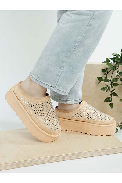 london Rag Women Beige Rhinestones Embellished Platform Classic Slip-On
