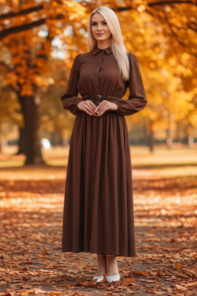 Feminist Boydan Düğme Kapamalı Bileği Lastikli Beli Kemerli Elbise Kahve 4593459