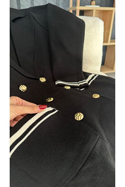 PUANT ATELIER Double Pocket Gold Button Detailed Knitwear Double-Breasted Blazer Set