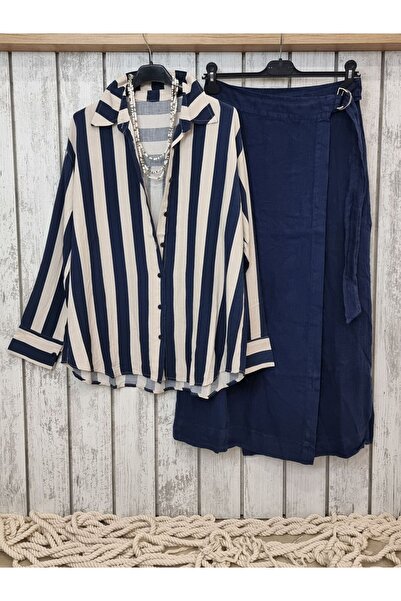 pudubutik Striped Long Sleeve Linen Shirt Navy Blue