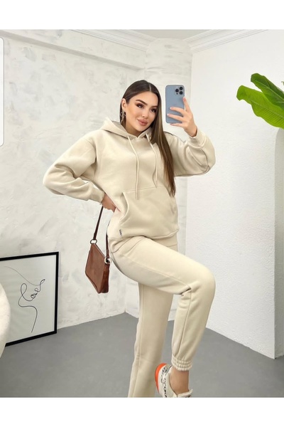 jeneric Beige Hooded Kangaroo Pockets Oversized Elasticated Legs Fleece Inside Women's Tracksuit Set