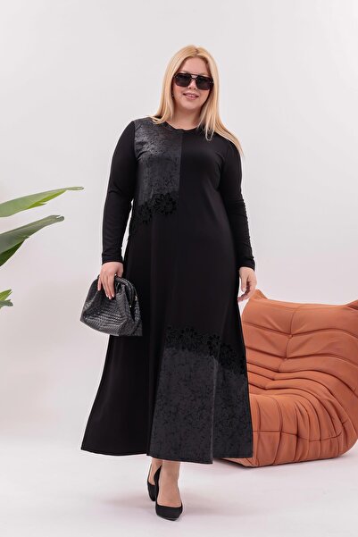 Siyezen Plus Size Leather-Look Floral Detailed Dress