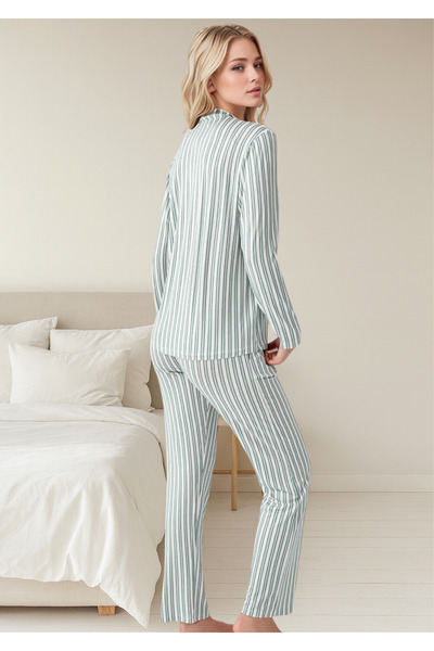 Loule Women's Green Stripe Detailed Cotton & Modal Shirt Pajama Set