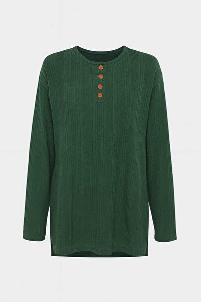 Nacar Moda Women's Stretch Fabric Middle Age and Above Winter Knitwear Green Mother Combed Cotton Blouse New Season Twisted Pattern