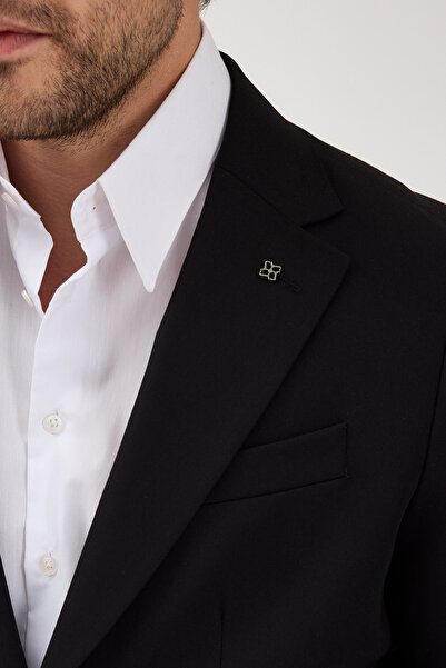 Frappoli Caserta Men's Black Polyviscon Fabric Mono Collar Bag Pocket Half Lining Slim Fit 2-Piece Suit