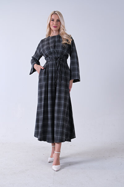 Feminist Bisiklet Yaka Ekose Desenli Bel Bağlamalı Tesettür Elbise Siyah 4593460