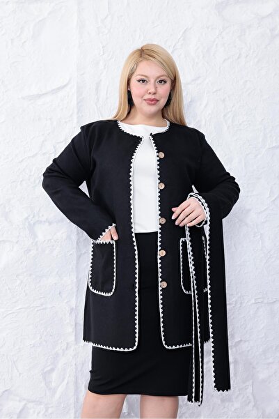 Siyezen Plus Size Scarf Detailed Cardigan with Pockets