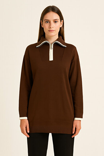 Nuevo Kahverengi Triko Kadın Fermuarlı Üst - ŞIK BASİC KOLAY KOMBİNLENİR-