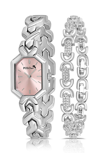 Poloair Vintage Kadın Kol Saati Oval Model Bileklik Kombin Gümüş Pembe Renk P...