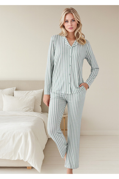 Loule Women's Green Stripe Detailed Cotton & Modal Shirt Pajama Set