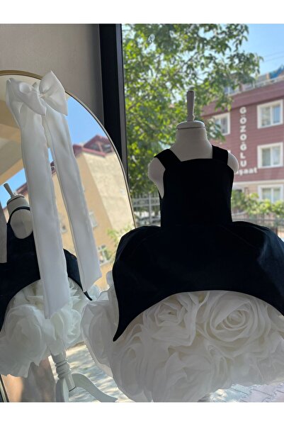 Sare Çocuk Giyim Black Velvet Skirt with White Rose Motif Special Design Girl's Evening Dress Birthday Dress +Buckle + Sleeves