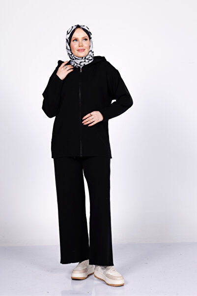 My City 44126 - Stylish Comfortable Soft Textured Knitwear Pants with Zipper, Hooded Cardigan Women's Set