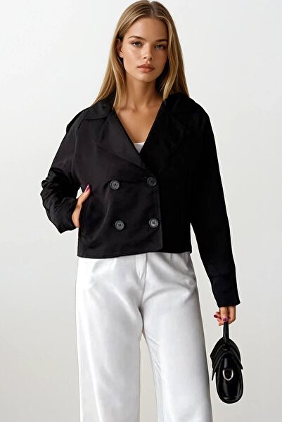 VAGGON Women's Black Double-Breasted Collar Lined Short Trench Coat Vs01185